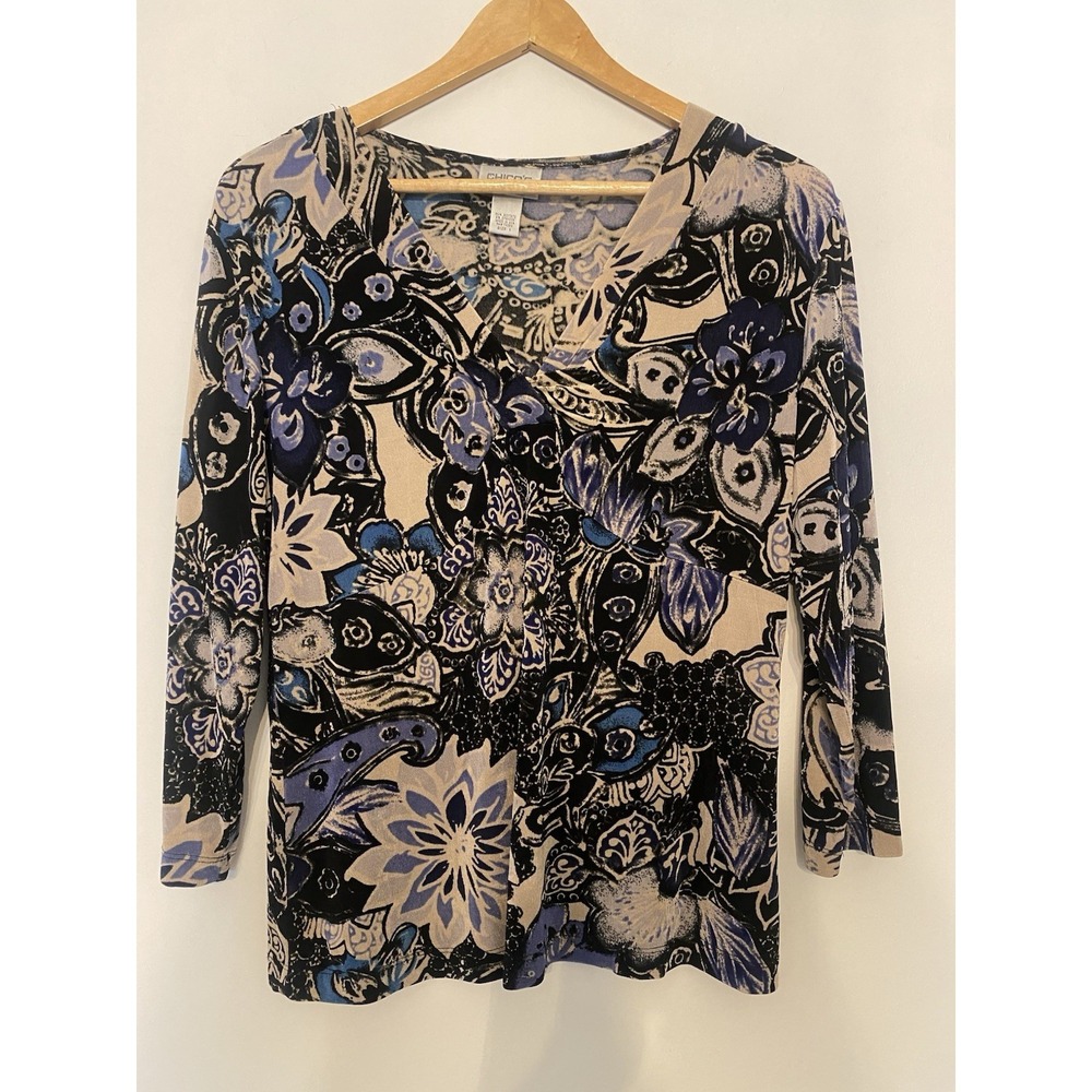 Chico's Travelers Top Size 1 Blue Black Floral Abstract 3/4 Sleeve Knit Stretch‎